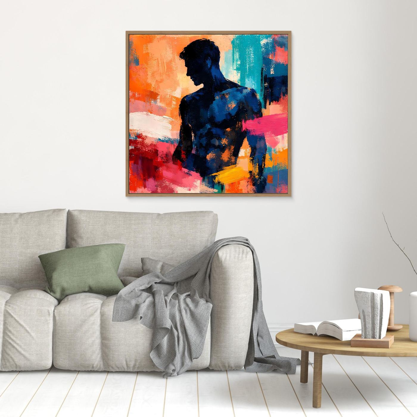 Abstraktes Wandbild mit Männer-Silhouette in Blau, orange-, türkis- und pinkfarbene Farbfelder