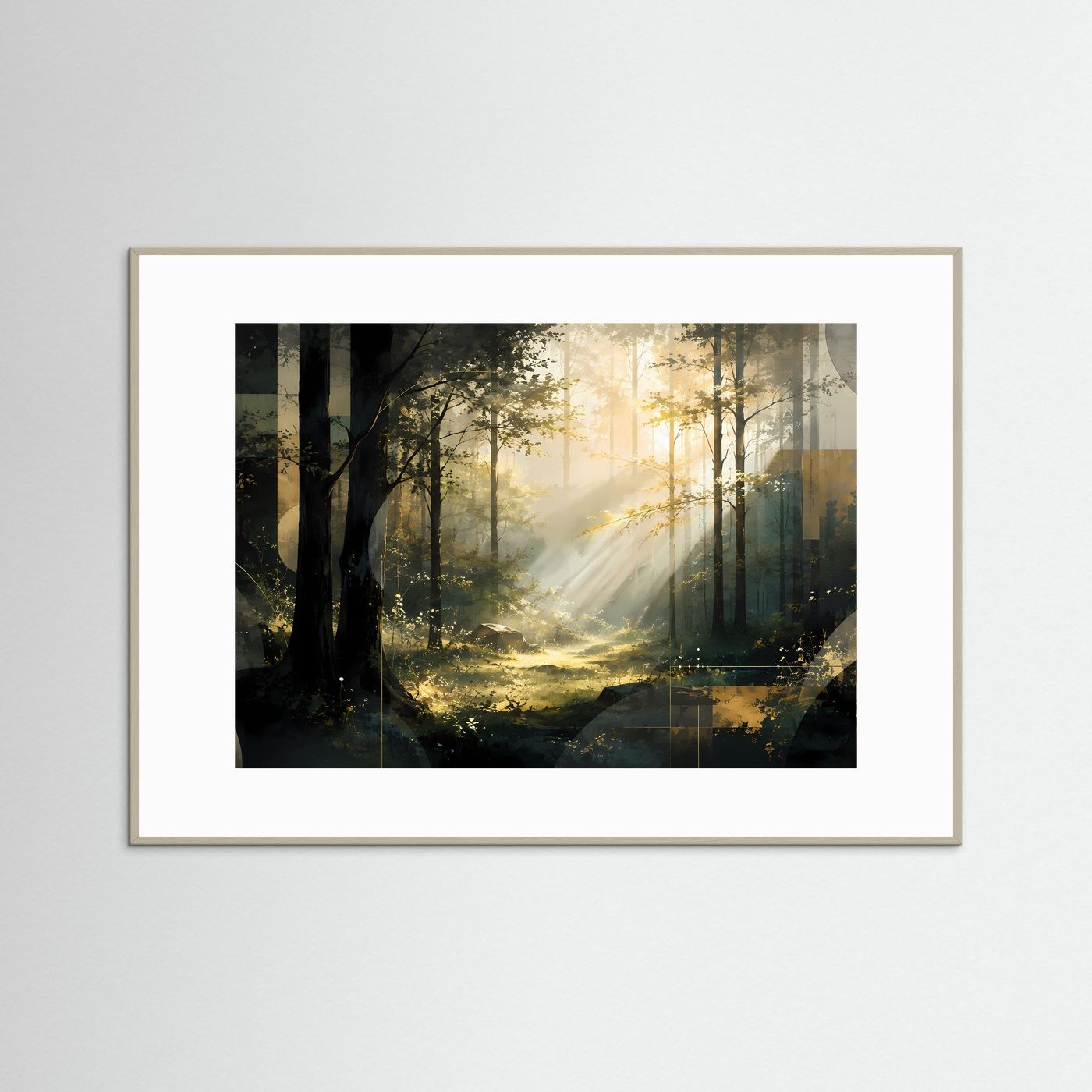 Wald-Wandkunst mit goldenen Sonnenstrahlen im Nebel, grauer Rahmen