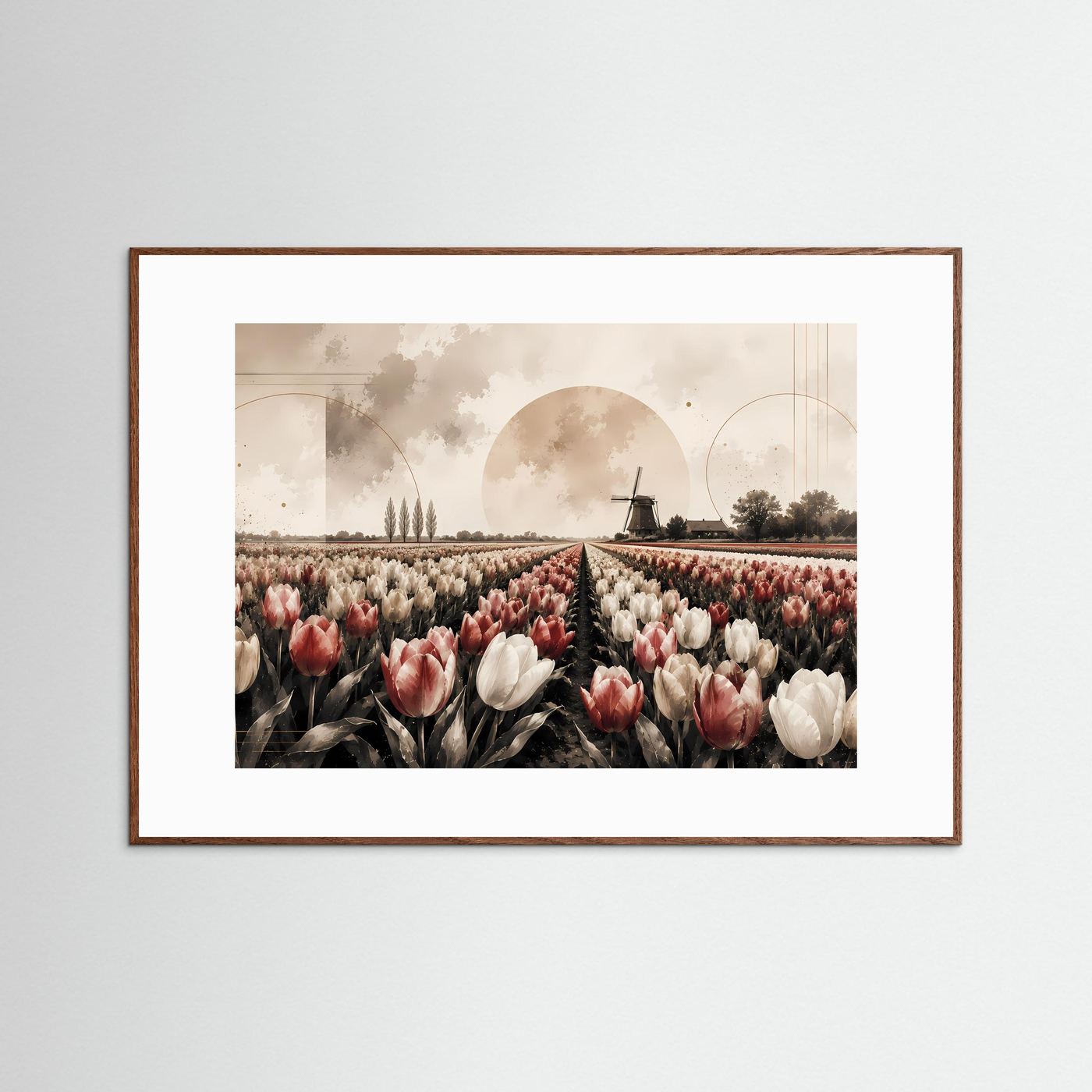 Landschafts-Poster im Querformat mit Tulpenfeld und Windmühle, beiger Rosa- und Creme-Ton, braun gerahmt