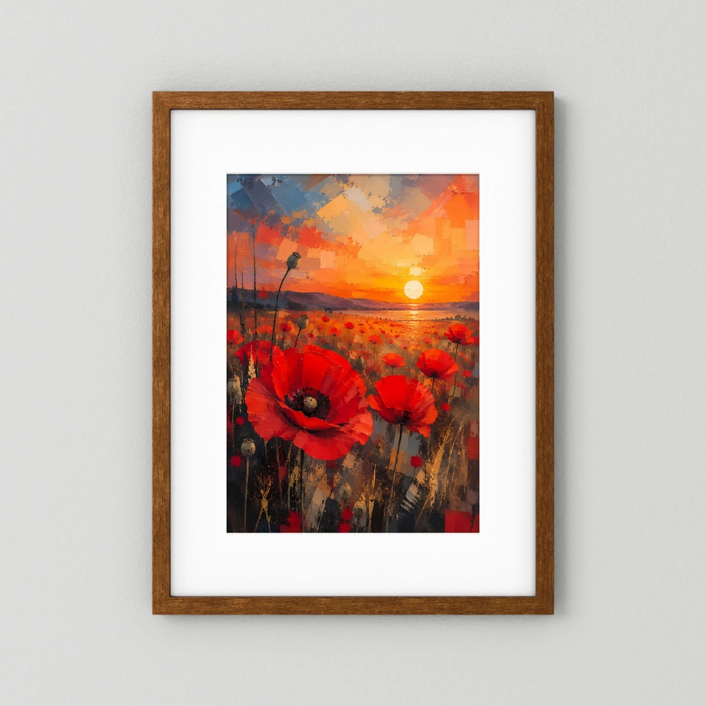 Hochformat-Poster mit roten Mohnblumen und Sonnenuntergang, brauner Rahmen mit weißem Rand