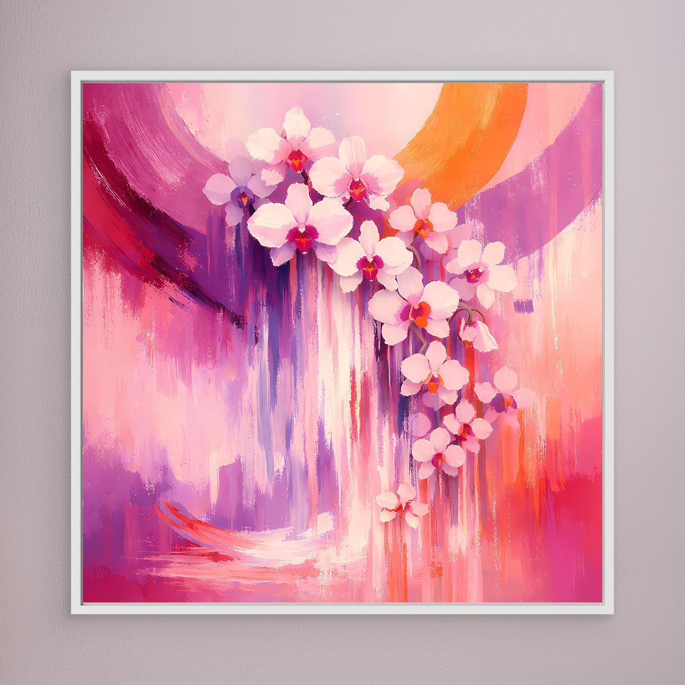 Abstraktes Orchideen-Wandbild mit Blütenzweigen, rosa-violett, weiß gerahmt