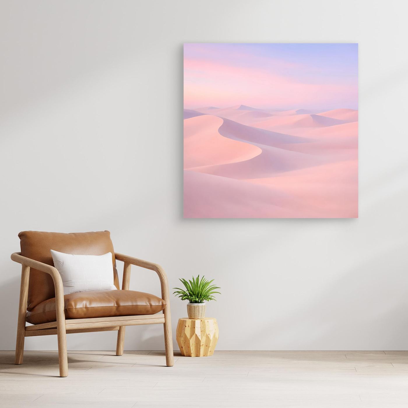 Quadratisches Leinwandbild mit Wüstendünen in Pastellrosa/Violett, ohne Rahmen