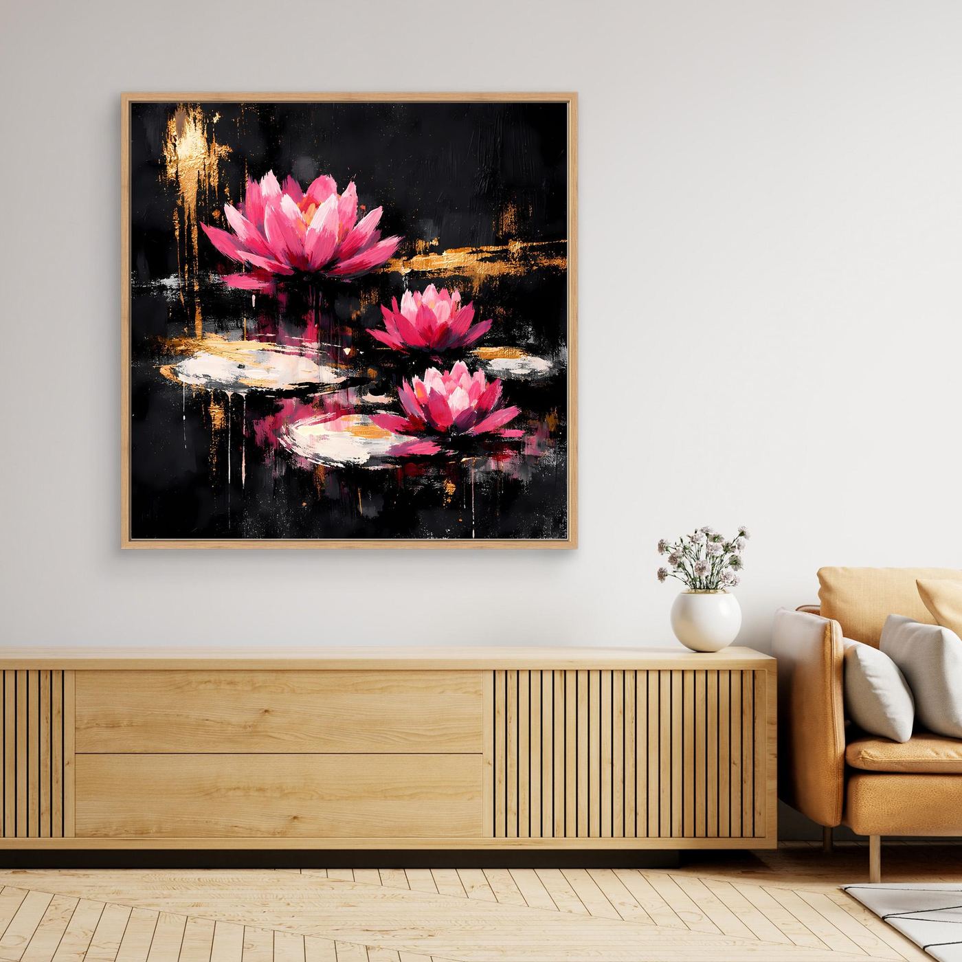 Leinwand Magische Lotusblüten auf dem Wasser | Modernes Abstraktes Seerosen Wandbild
