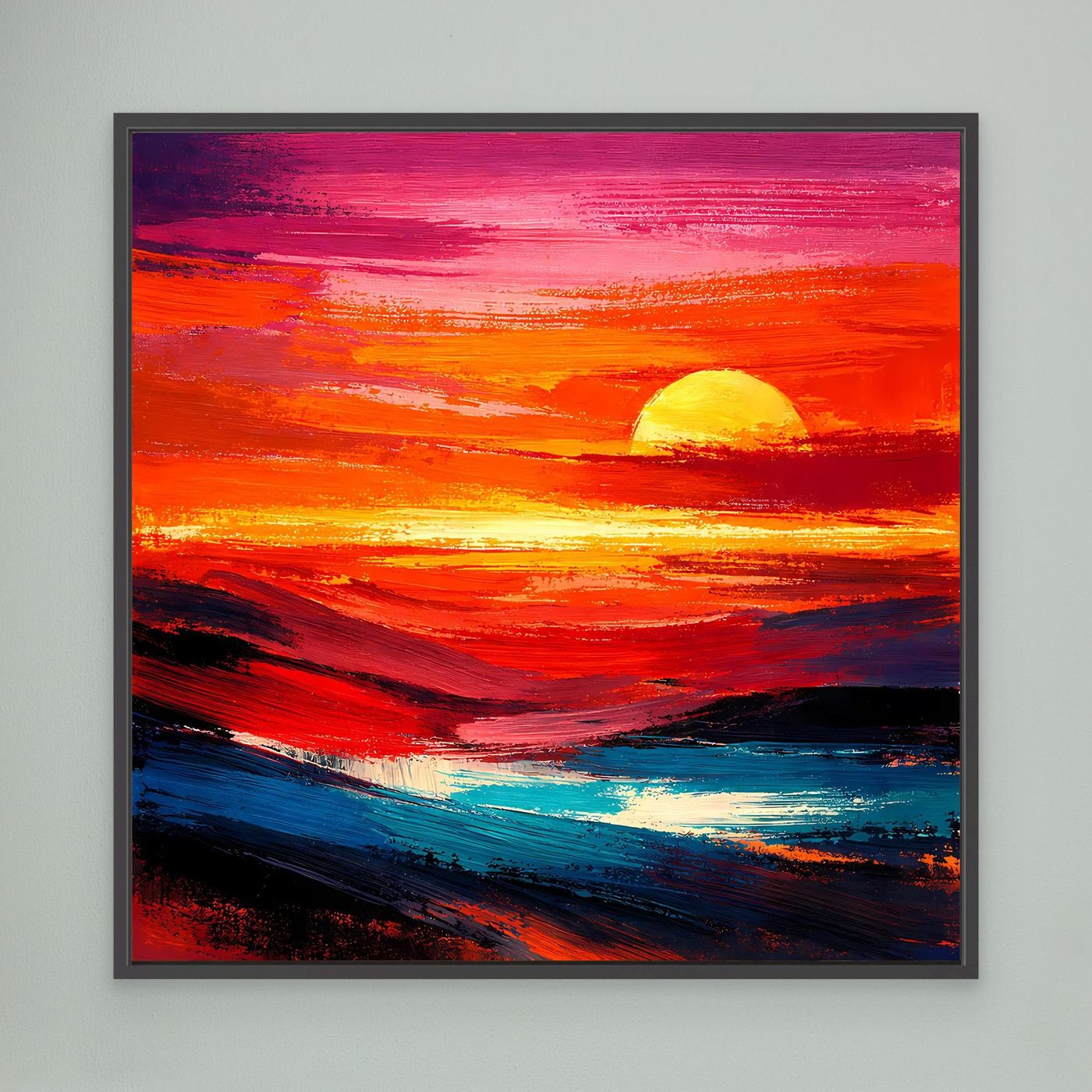 Leinwandbild mit abstraktem Sonnenuntergang und Meer, gelbe Sonne, schwarzer Rahmen