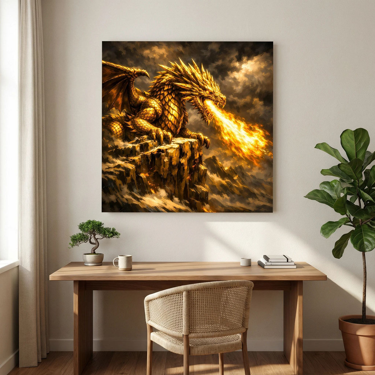 Leinwand-Fantasy-Wandbild: goldener Drache, Feuerstrahl nach rechts, sitzt auf Felsen