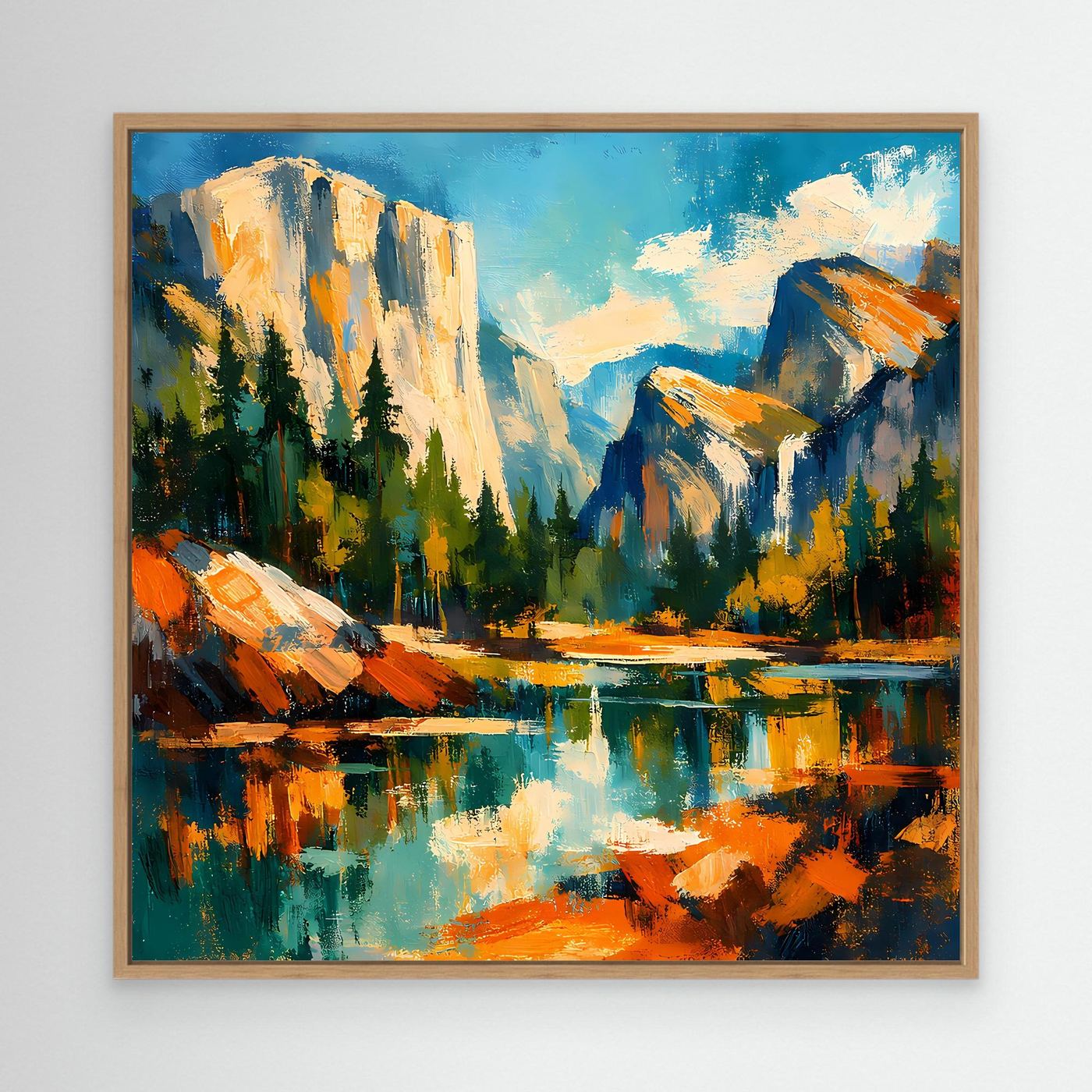 Leinwand-Wandbild mit Berglandschaft und See, Holzrahmen
