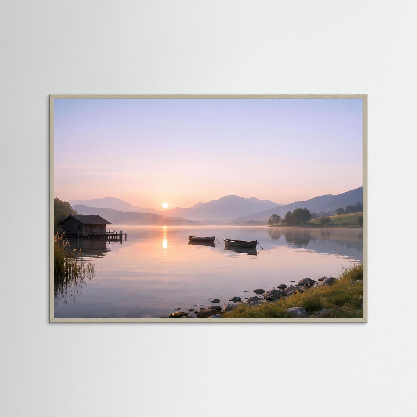 Sanfter Sonnenaufgang am Steg | Boote & See Panorama Poster Querformat