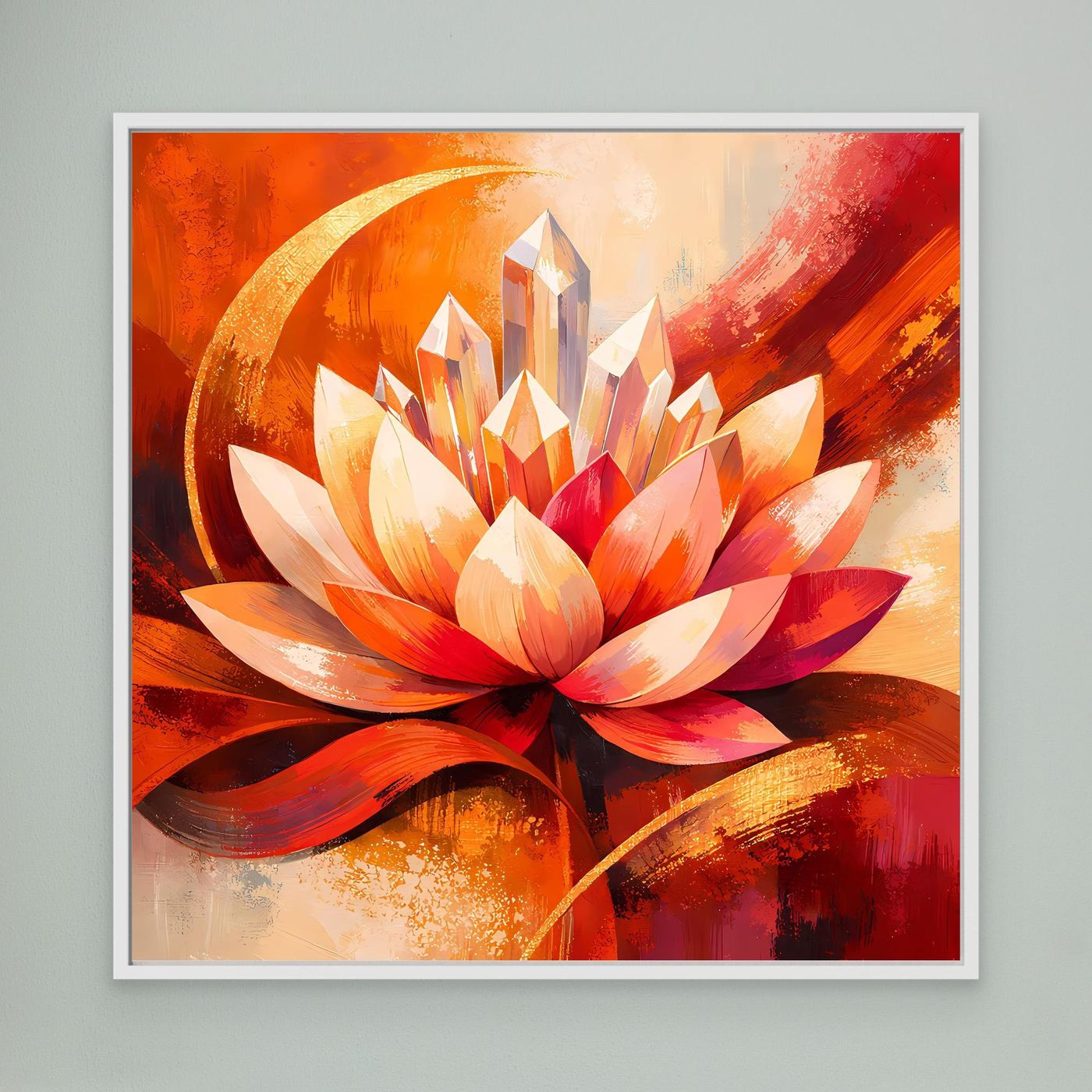 Leinwandbild mit Lotusblüte in Orange und Rot, weißer Rahmen