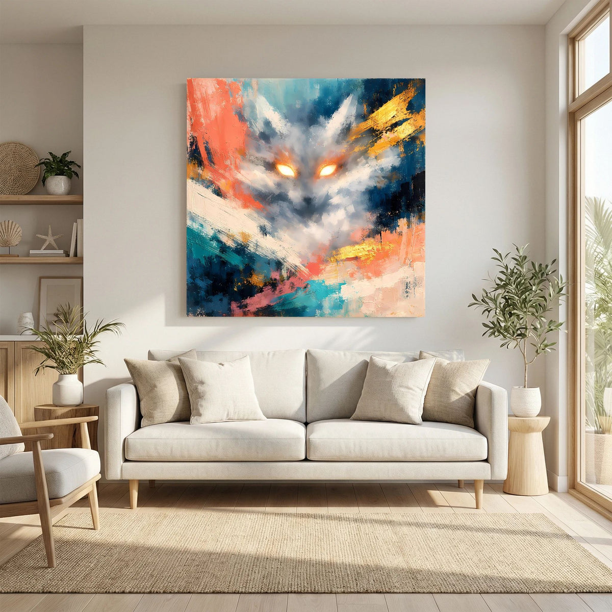 Quadratisches Leinwandbild: abstrakter Fuchs mit leuchtenden Augen, orange-blaue Pinselstriche