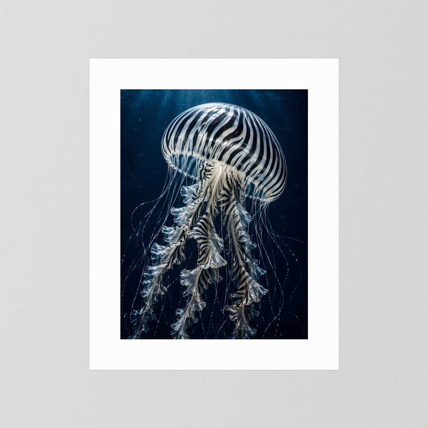 Hochformat-Poster mit weißem Passepartout und weiß-schwarz gestreifter Qualle auf dunklem Blau