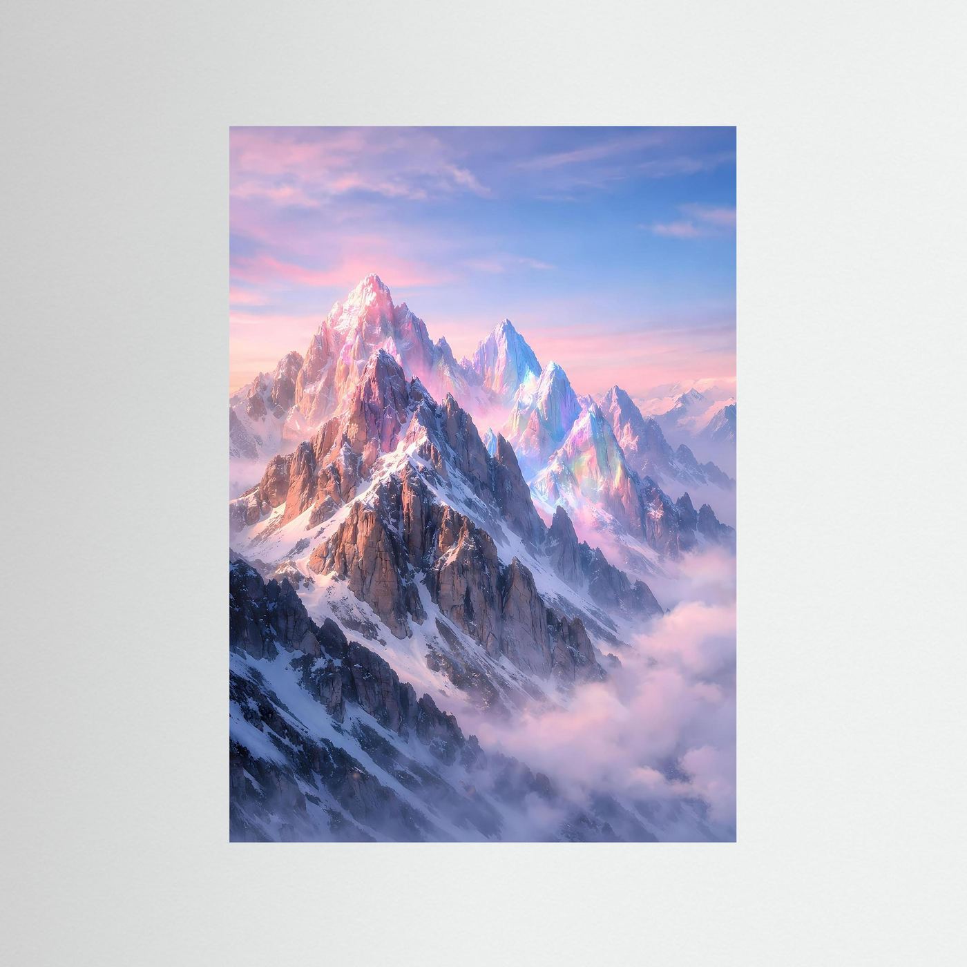 Schimmerndes Fantasy-Bergposter mit kristallklaren Gipfeln in Pastellrosa und Eisblau, hochformat