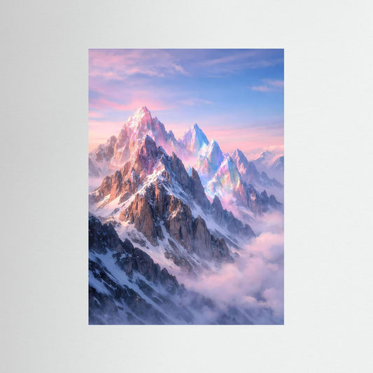 Schimmerndes Fantasy-Bergposter mit kristallklaren Gipfeln in Pastellrosa und Eisblau, hochformat
