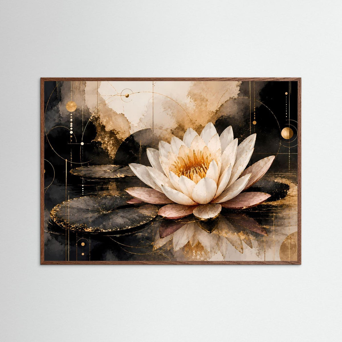 Lotusblüten-Poster im dunklen Eichenholzrahmen: weiße Seerose mit Goldakzenten, Querformat