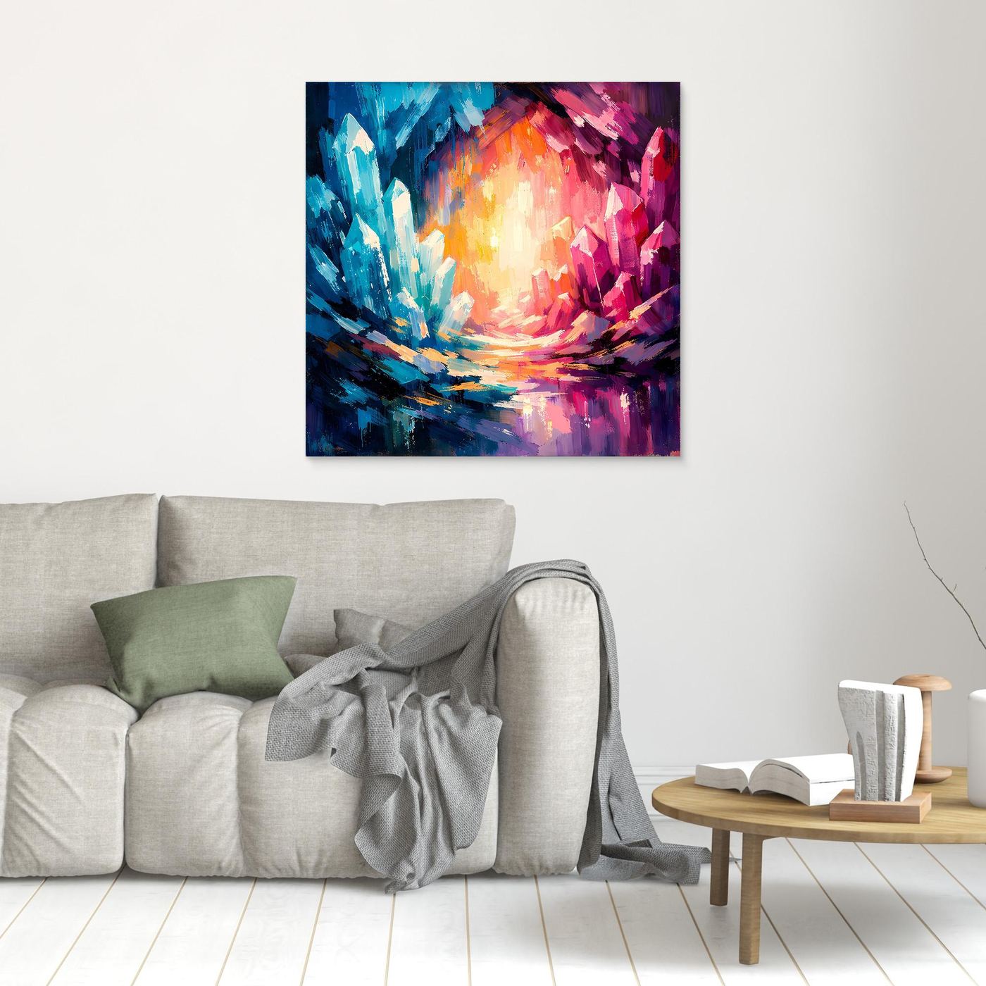 Abstract crystal canvas wall art, small square; blue and pink strokes with bright center
