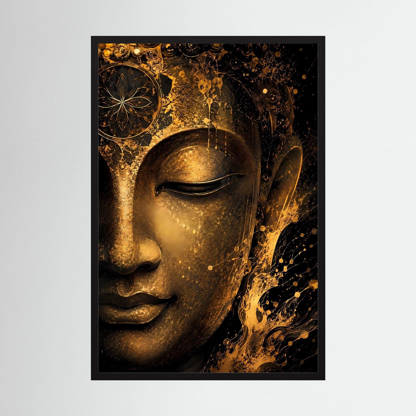 Abstraktes Buddha-Gesicht Poster, schwarz-goldener Look, Hochformat mit schwarzem Rahmen