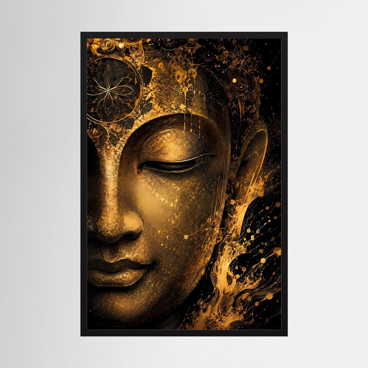 Abstraktes Buddha-Gesicht Poster, schwarz-goldener Look, Hochformat mit schwarzem Rahmen