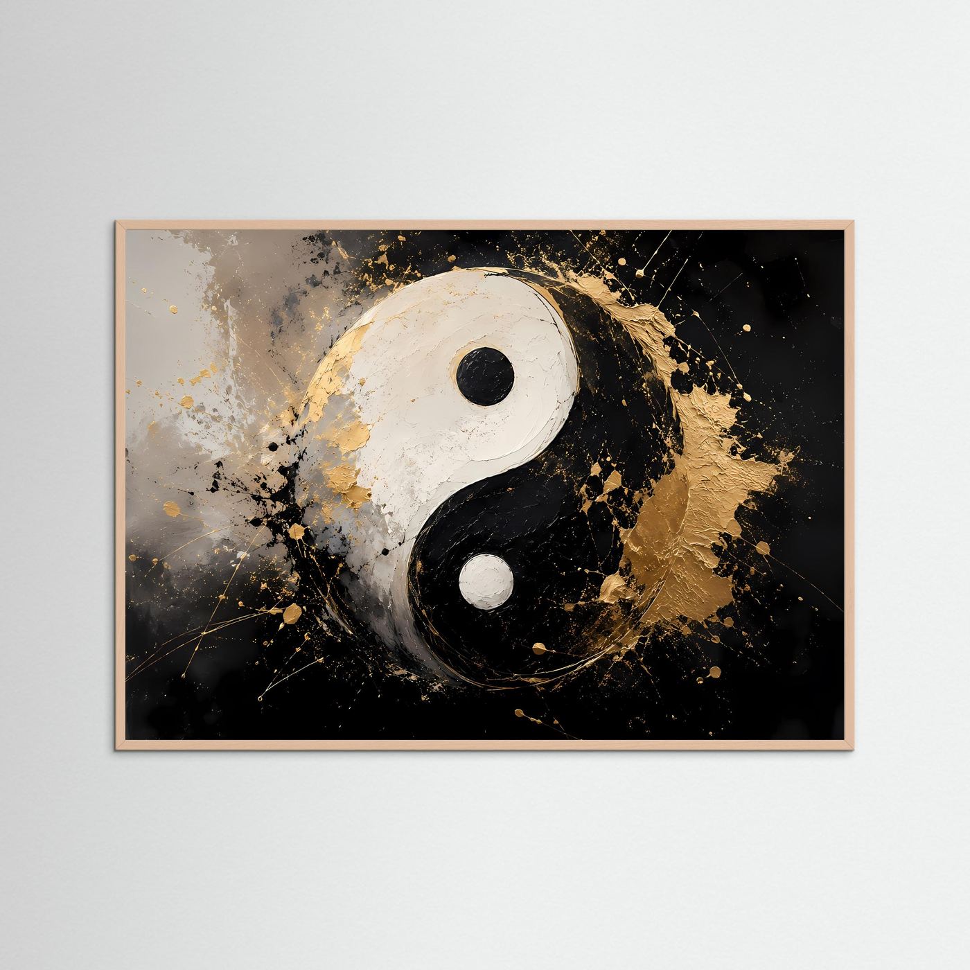 Gerahmtes Wandbild mit Yin-Yang in Schwarz, Weiß und Gold, goldfarbene Sprenkel