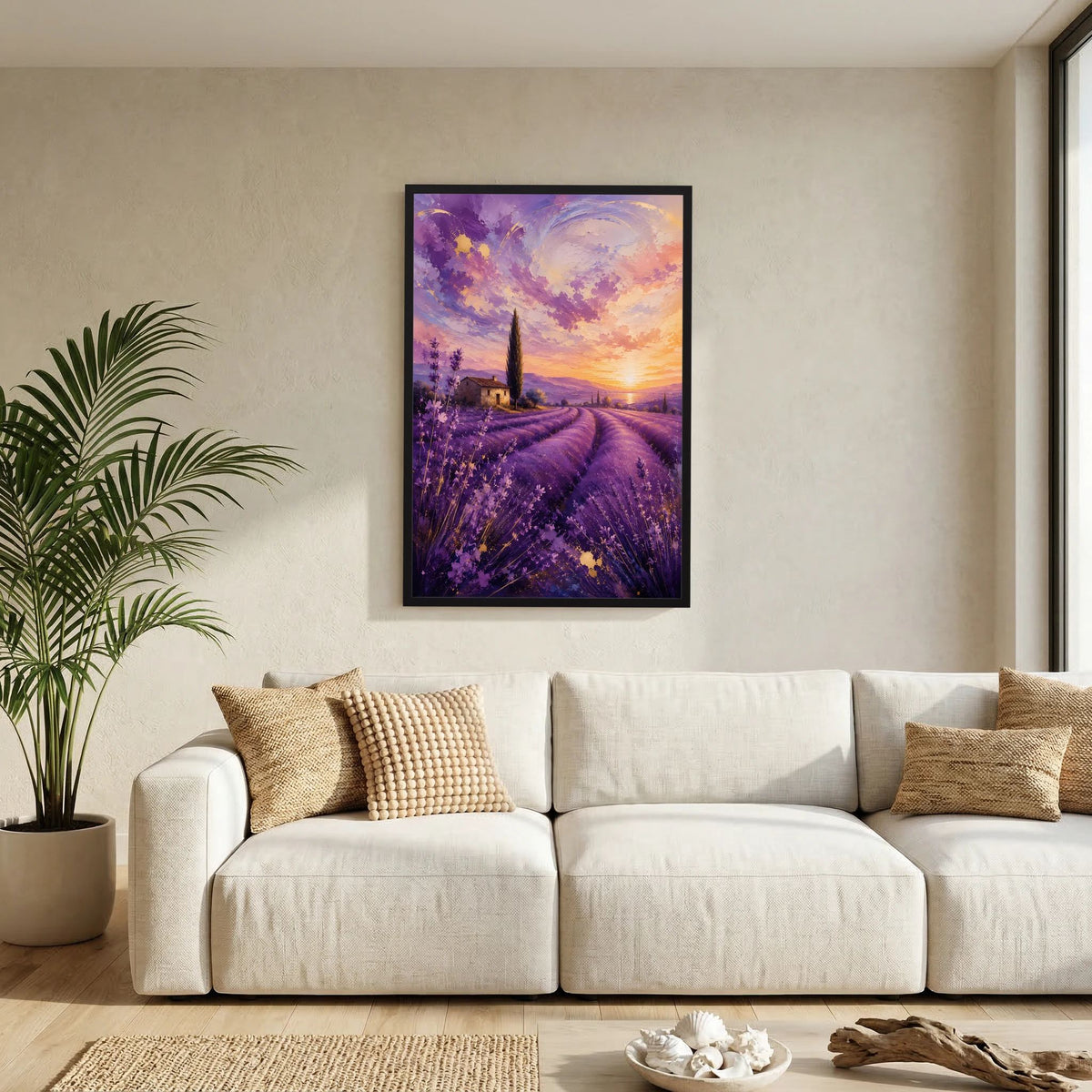 Hochformat-Poster: Lavendelfeld und Sonnenuntergang in violettem Farbton, schwarzer Rahmen.