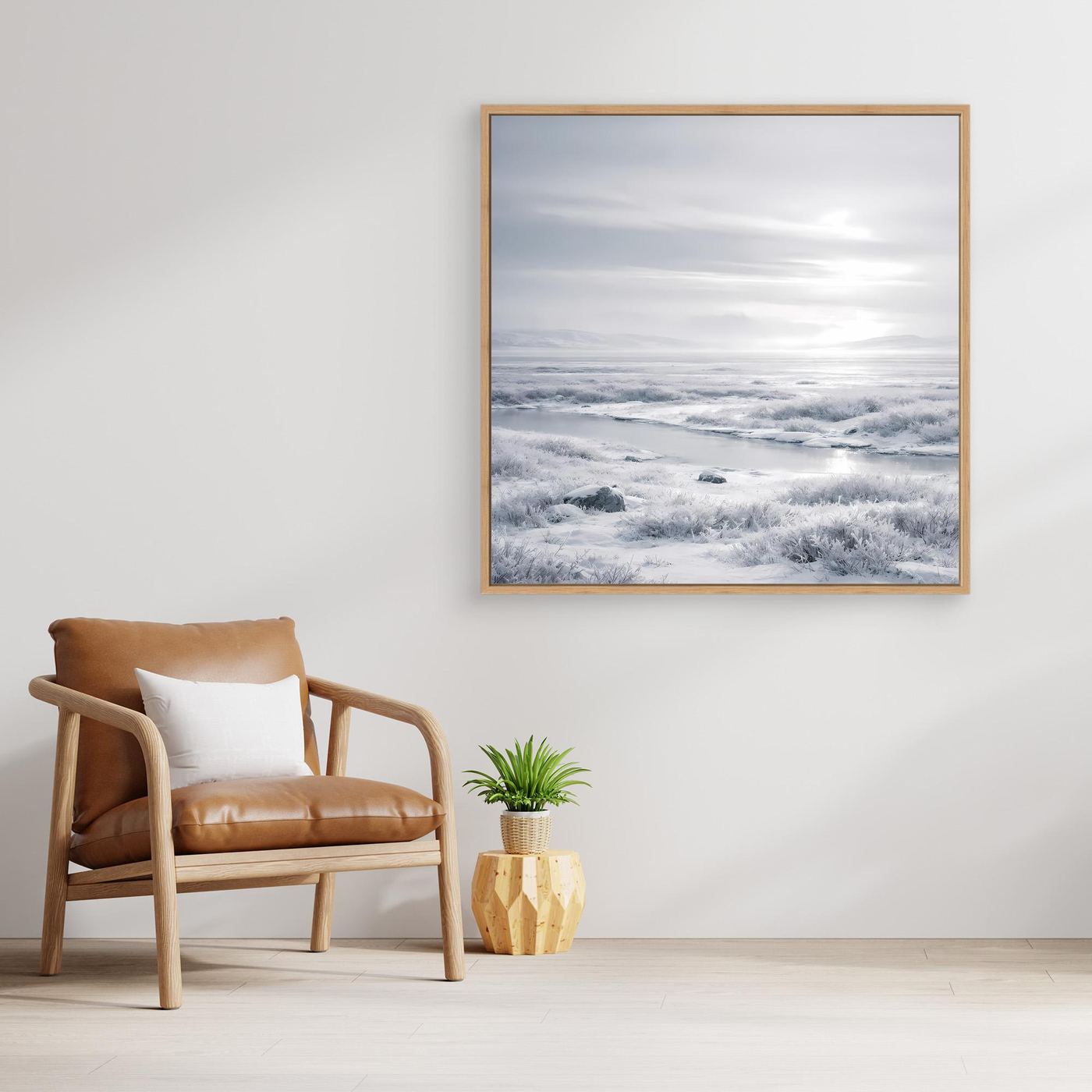 Gëframtes Leinwandbild mit winterlicher Landschaft, goldener Rahmen