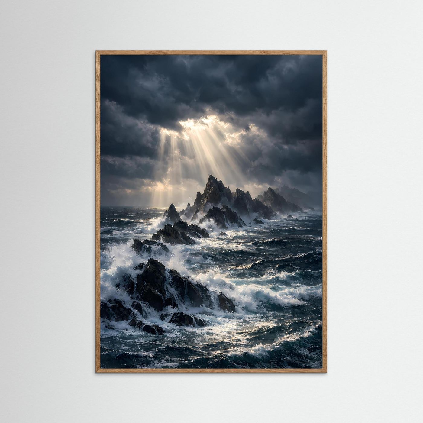 Hochformat-Ozeanposter mit Klippen, Lichtstrahlen und tobender See im mittelbraunem Holzrahmen