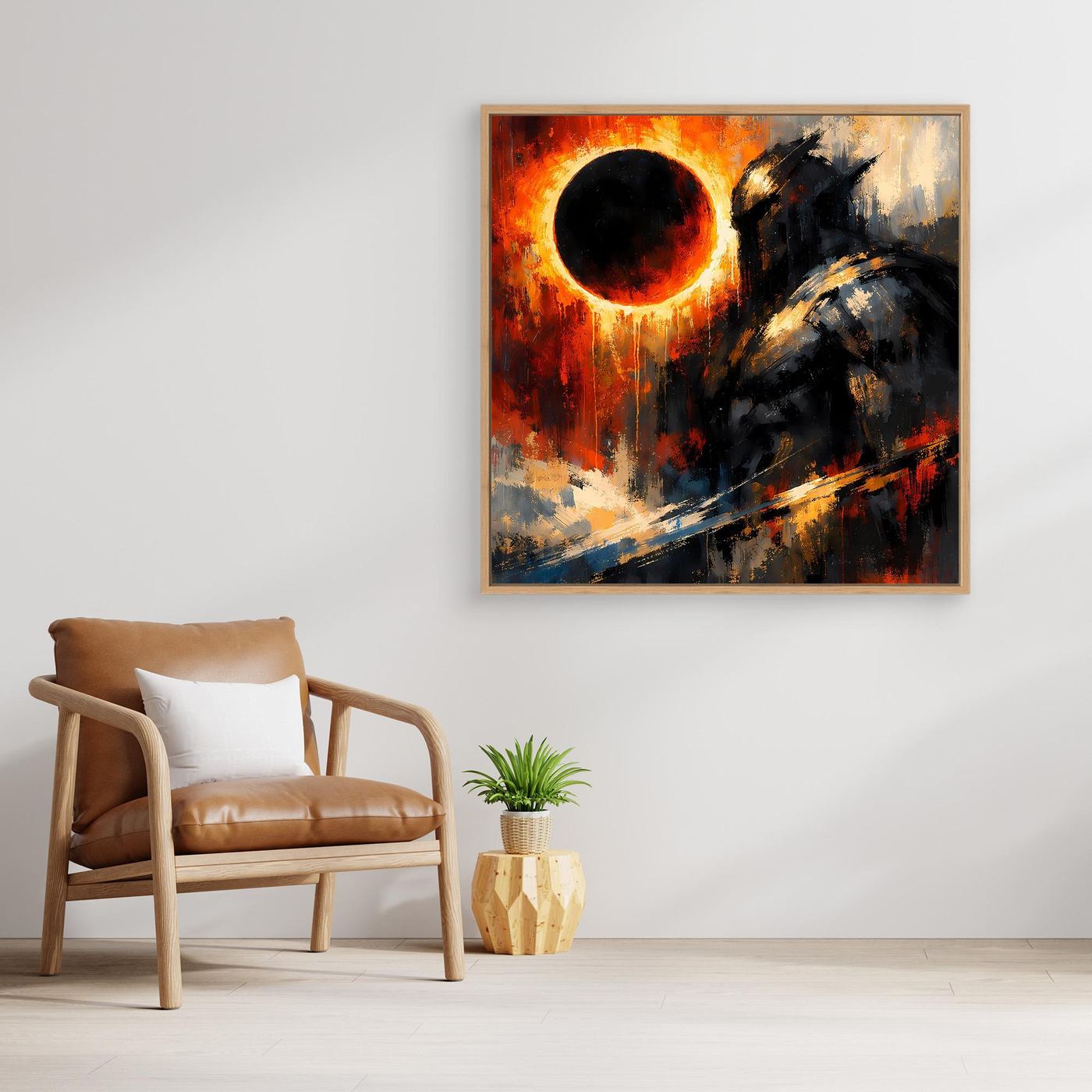 Abstraktes Fantasy-Wandbild: kosmischer Ritter mit Sonnenfinsternis, im beigen Holzrahmen