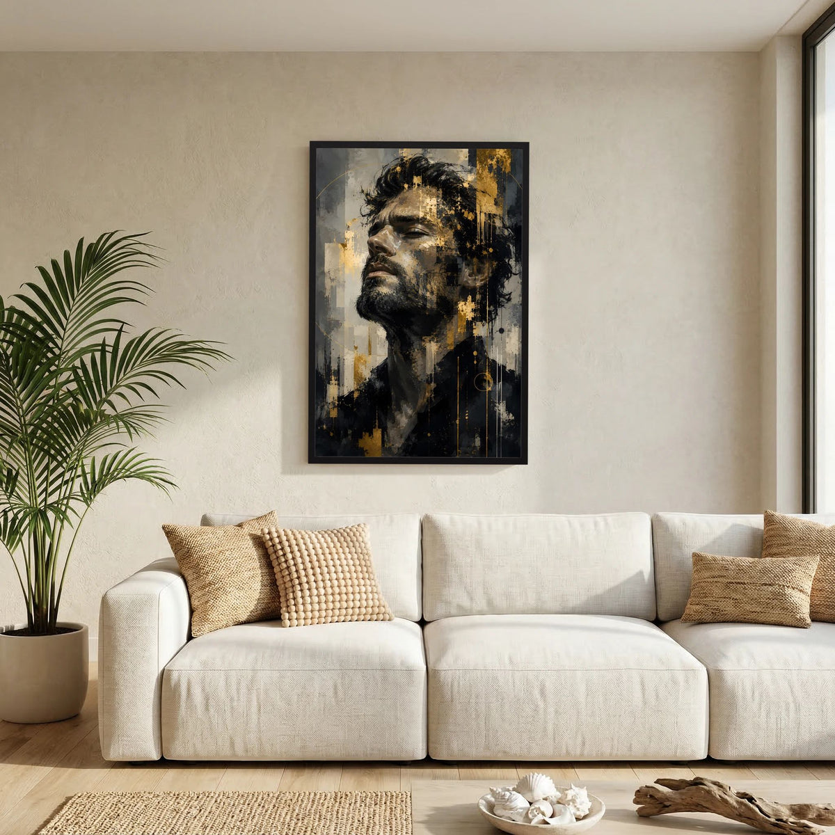 Kunstposter im Hochformat mit abstraktem Männerporträt in Schwarz, Grau & Gold, schwarzer Rahmen