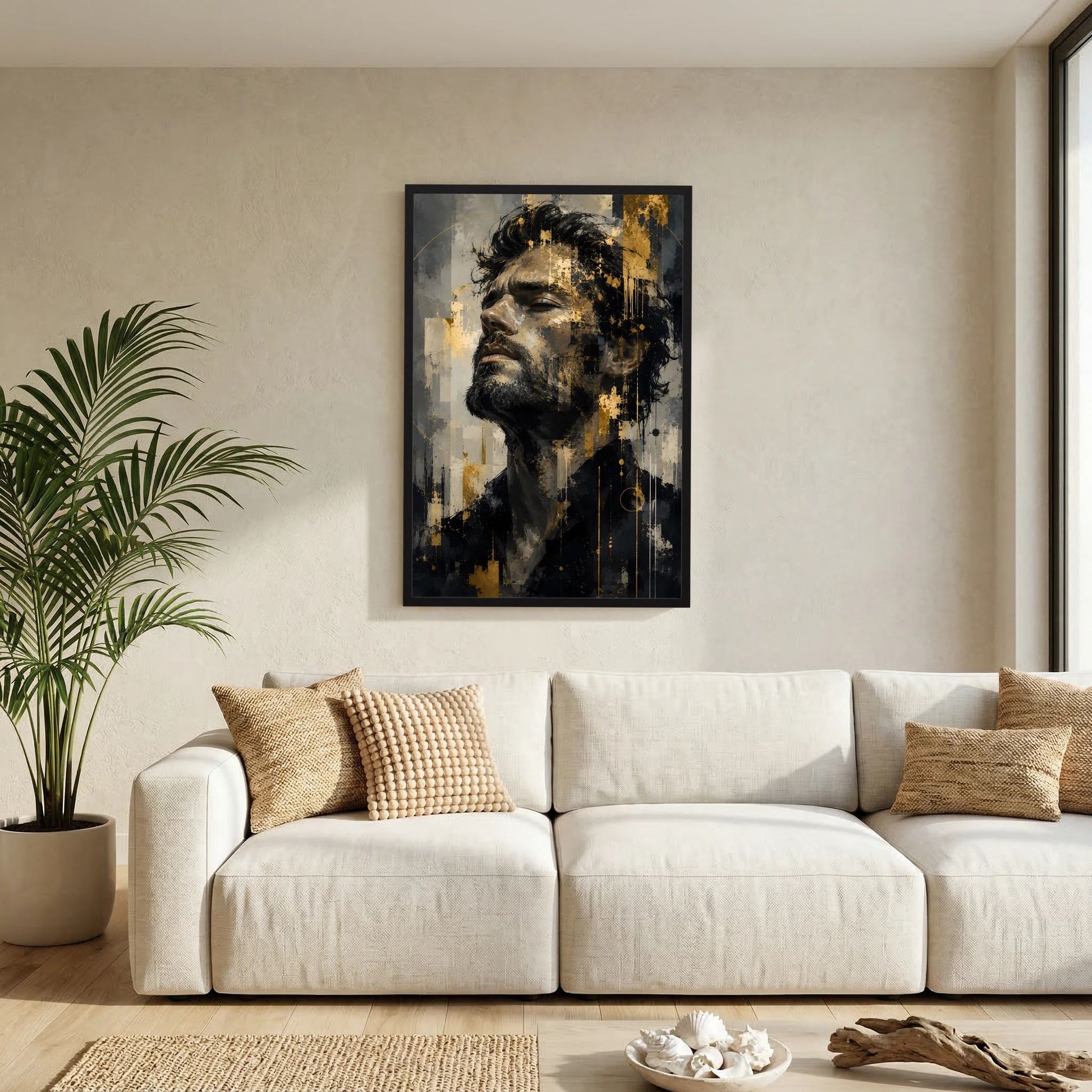 Kunstposter im Hochformat mit abstraktem Männerporträt in Schwarz, Grau & Gold, schwarzer Rahmen