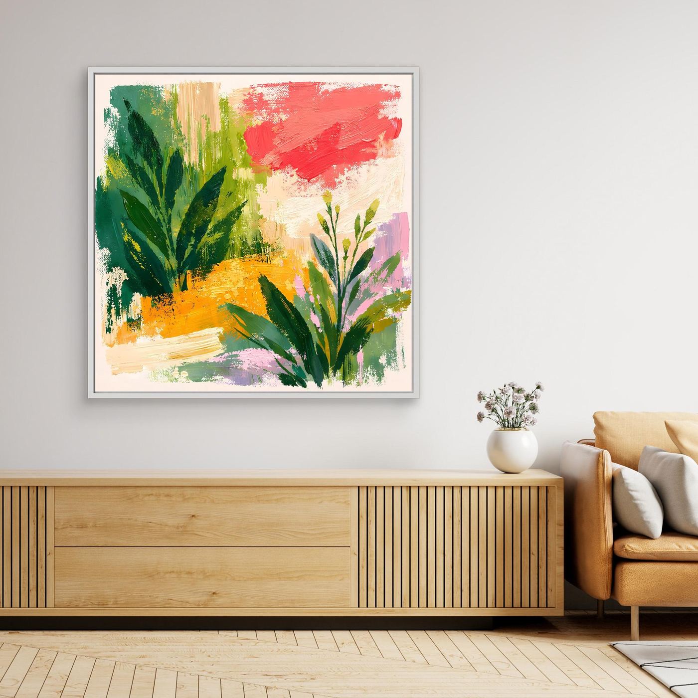 Framed abstract botanical landscape wall art with green plants, red sky, and yellow accents.