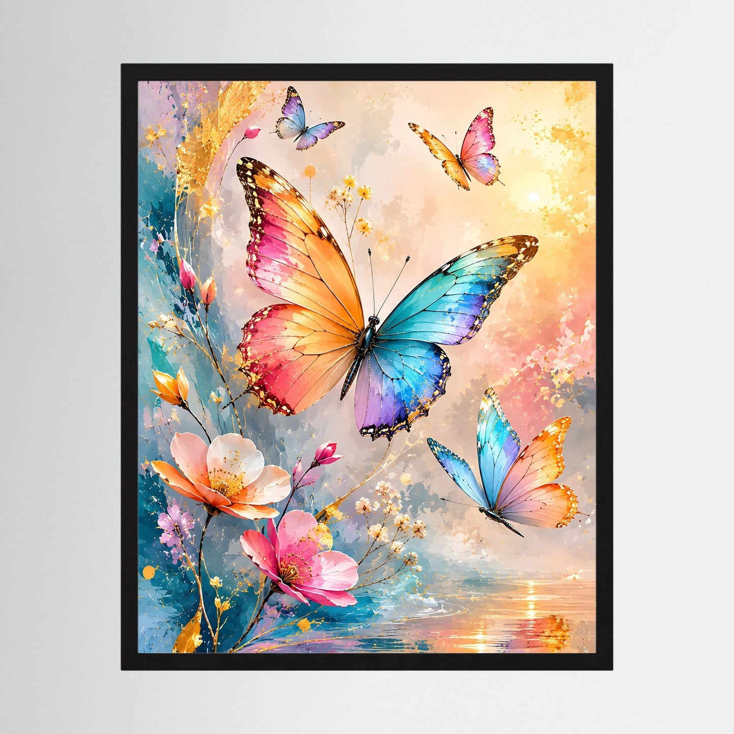 Hochformatiges Poster mit Schmetterlingen und Blumen in Pastell und Goldakzenten, im schwarzen Rahmen