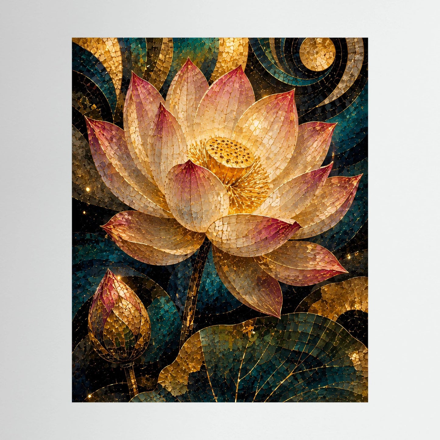 Hochformat-Poster mit goldener Lotusblüte im Mosaikdesign in Petrol und Rosa