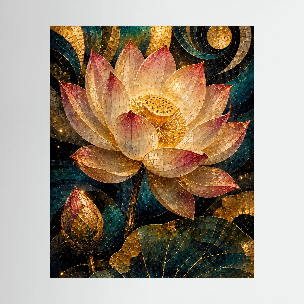 Hochformat-Poster mit goldener Lotusblüte im Mosaikdesign in Petrol und Rosa