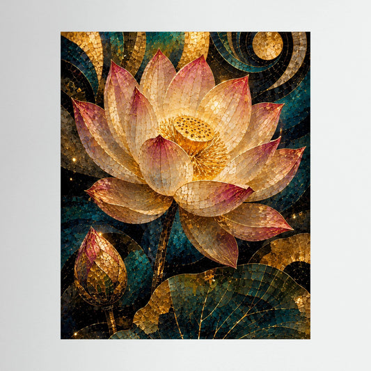 Hochformat-Poster mit goldener Lotusblüte im Mosaikdesign in Petrol und Rosa