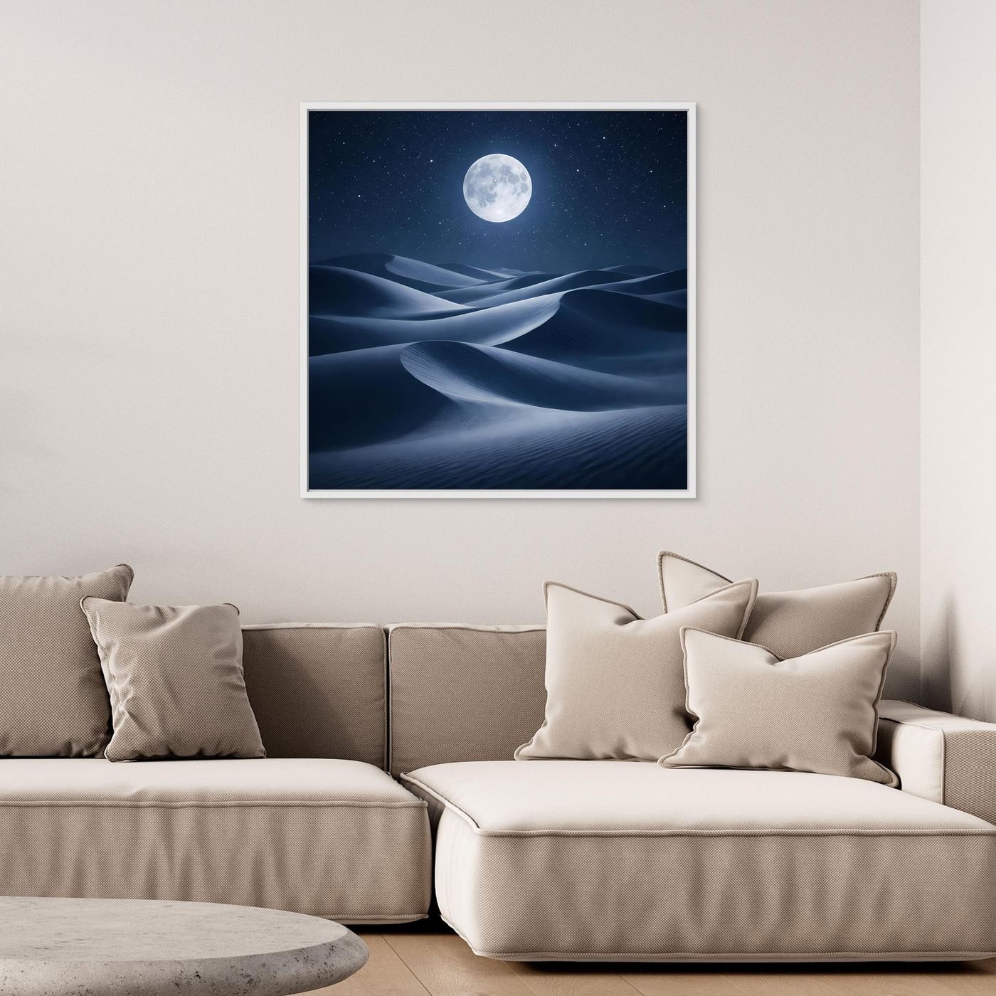 Leinwandbild mit weißem Rahmen: Vollmond über Wüstendünen im Sternenhimmel.
