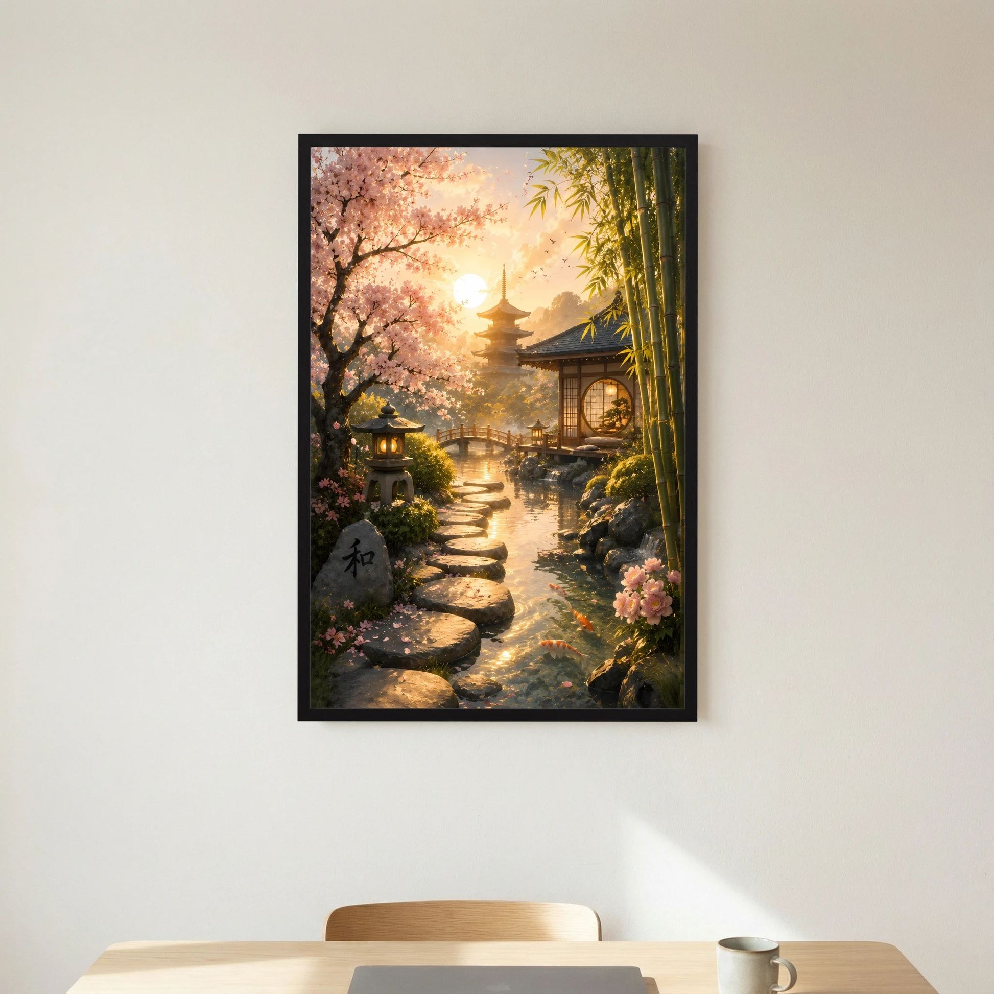 Hochformatiges Poster im schwarzen Rahmen mit Kirschblüten, Bambusallee und Steinsteg am Wasser