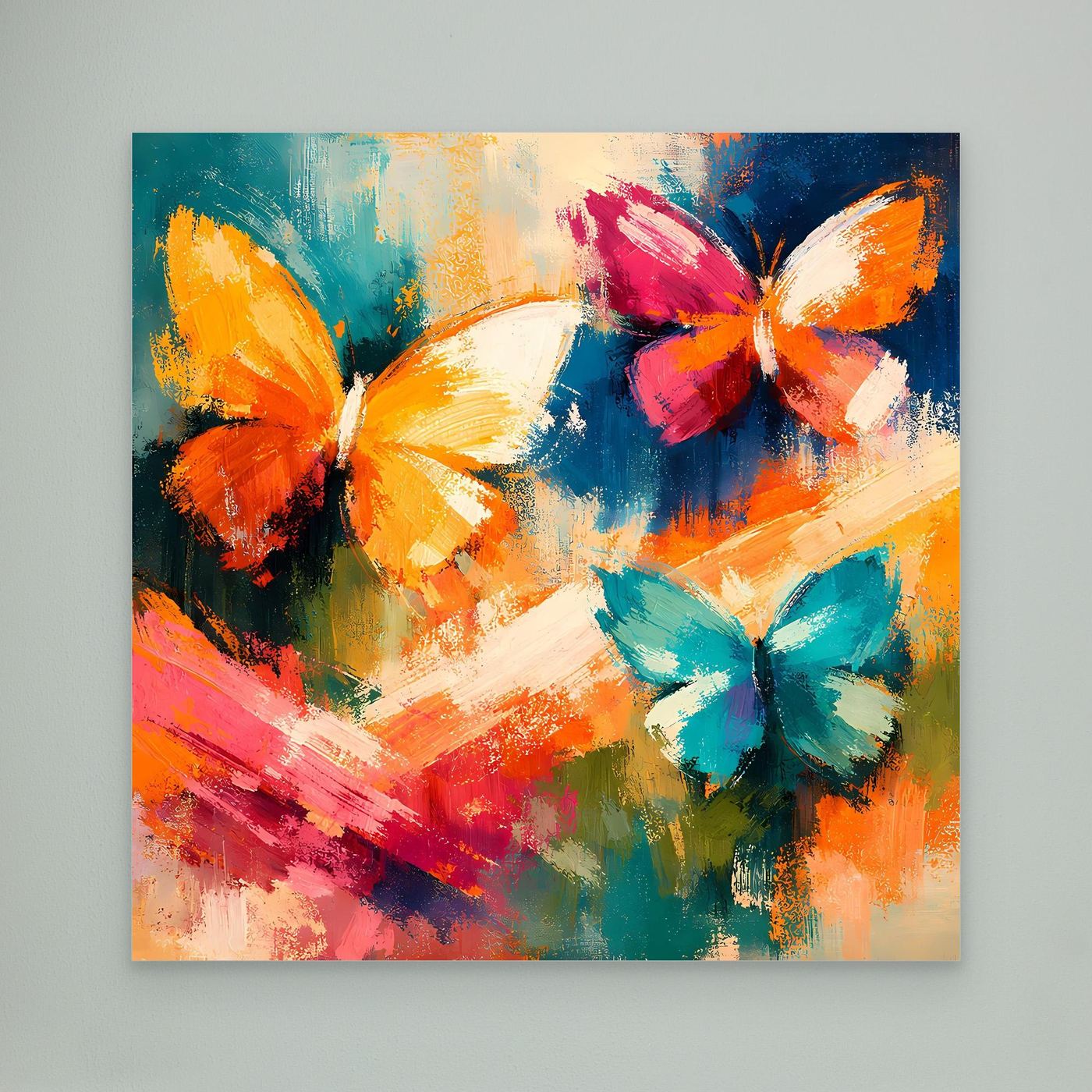 Wandbild mit vier farbigen Schmetterlingen in abstrakten Pinselstrichen, ohne sichtbaren Rahmen.