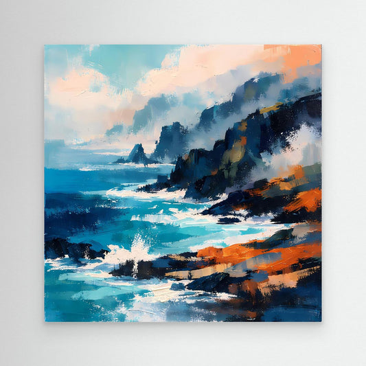 Abstraktes Meeres-Wandbild auf Leinwand mit blauen Ozeanwellen und dunklen Klippen