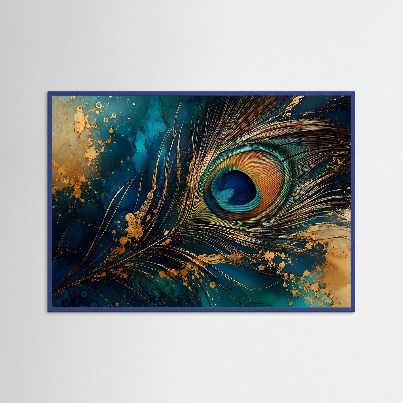 Pfauenfeder in Petrol & Gold | Luxuriöse abstrakte Wandkunst