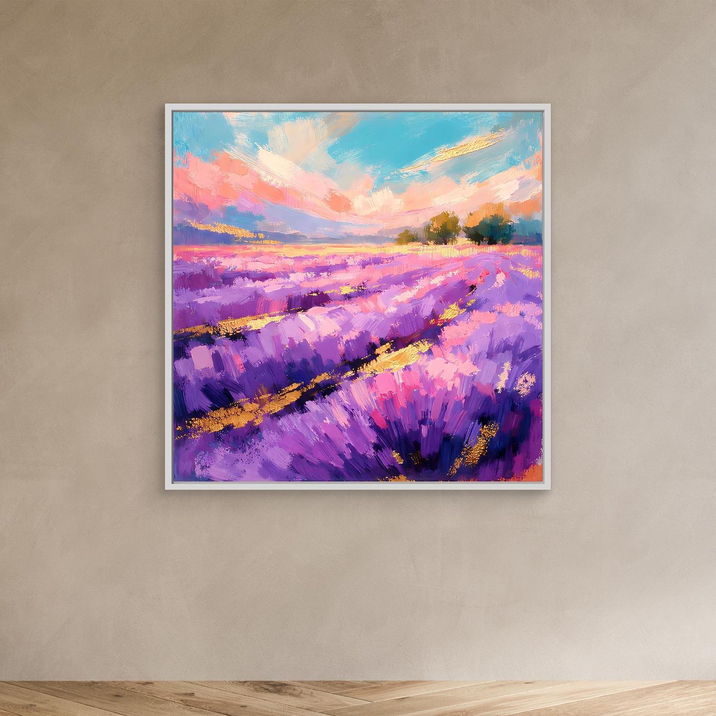 Abstraktes Leinwandbild mit violettem Lavendelfeld, im weißen Rahmen