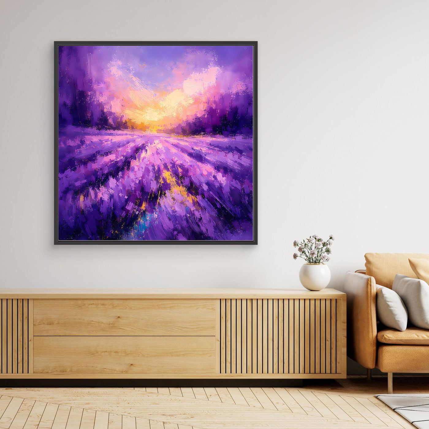 Gerahmtes Wandbild mit schwarzem Rahmen und abstraktem Lavendelfeld in Violett