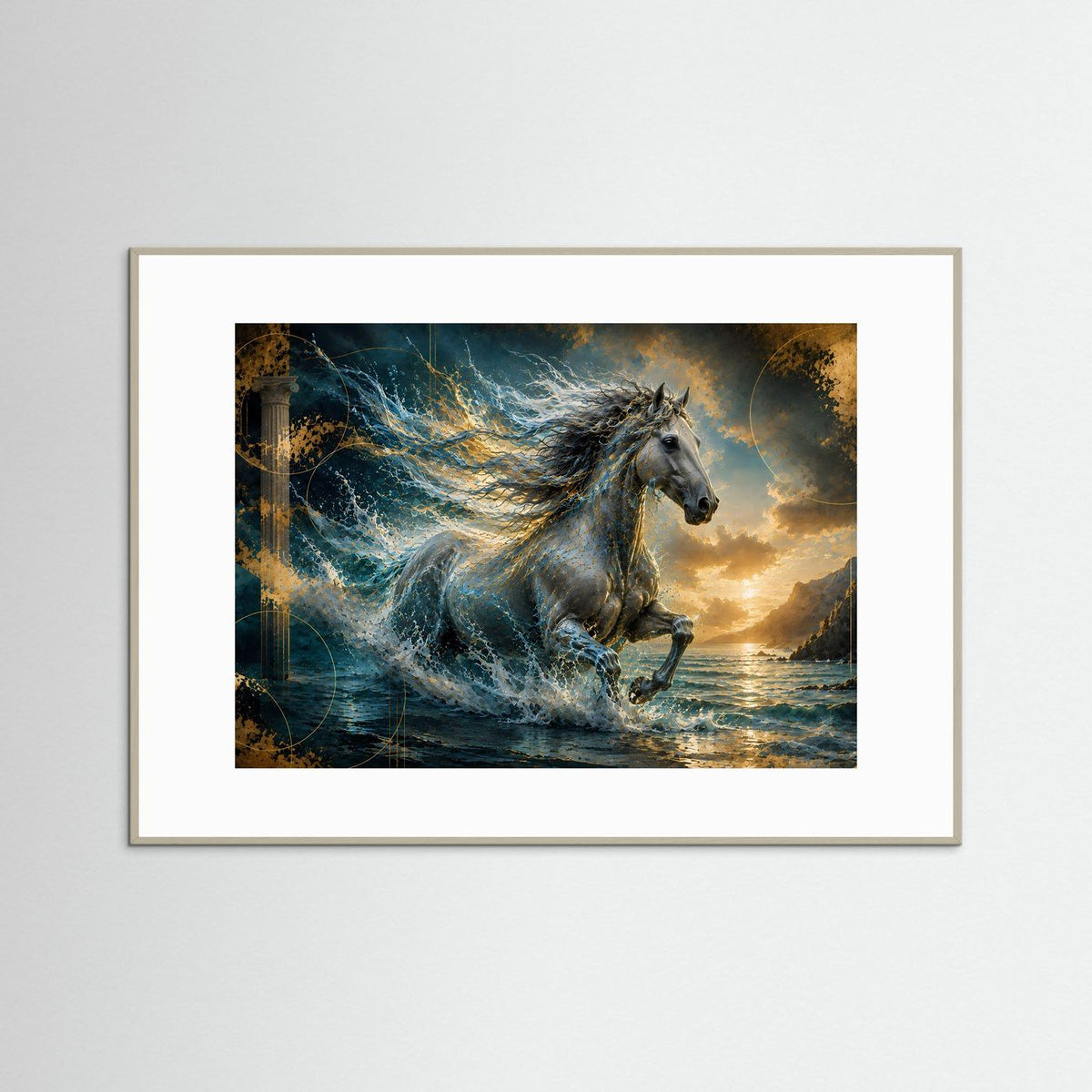 Querformat-Poster mit Pferd im Meer, Wellen und goldenen Akzenten, weißer Rahmen