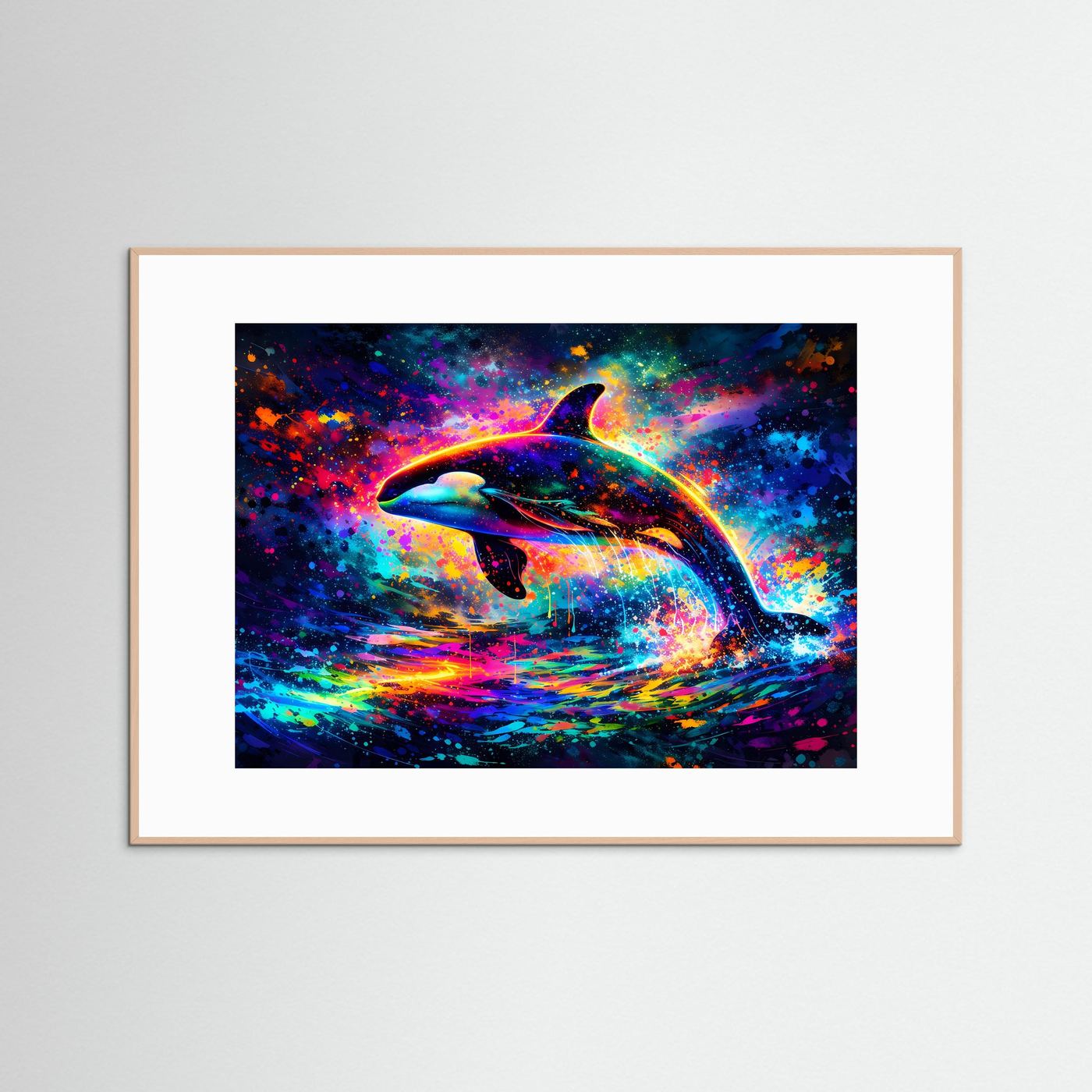Poster mit Schwertwal-Orca-Motiv in Neonfarben, helles Holzrahmen-Design, querformatig