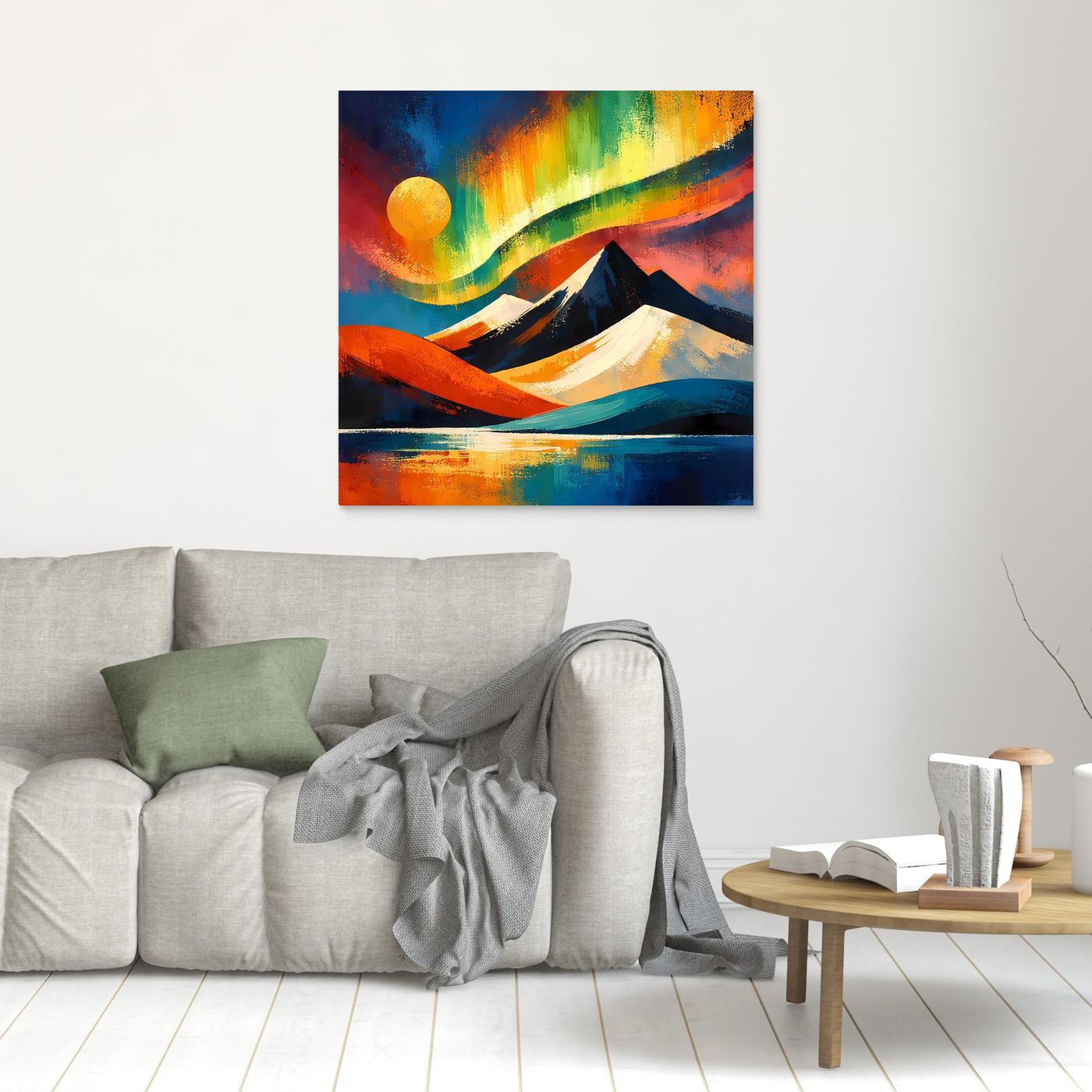 Gerahmtes Leinwandbild mit abstrakter Berglandschaft, Blau-Orange-Grün