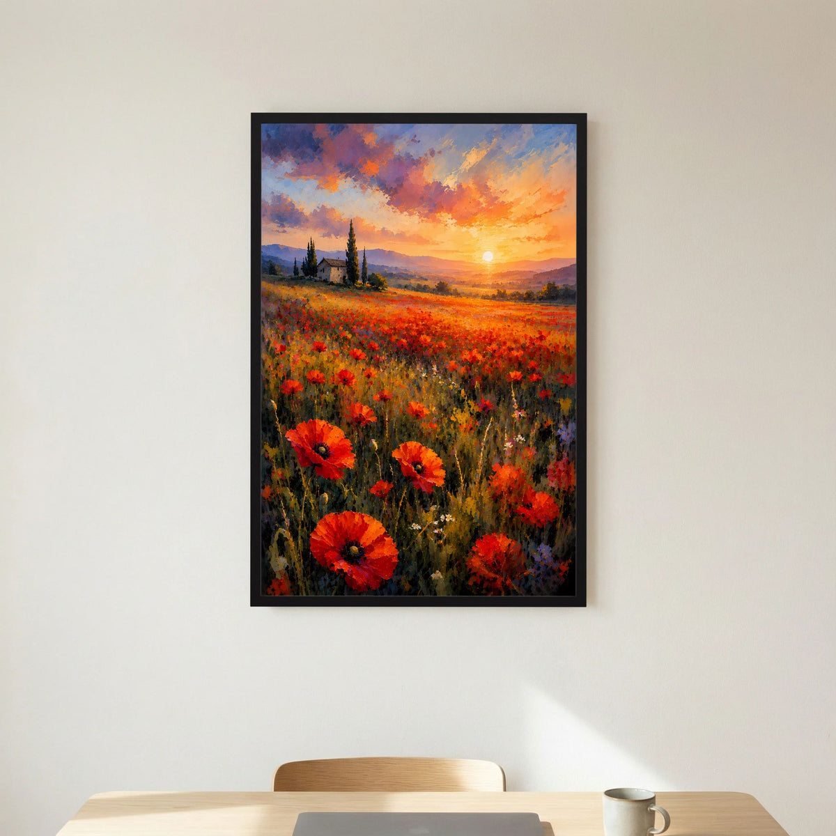 Poster im Hochformat mit schwarzem Rahmen und Mohnblumenfeld bei Sonnenuntergang