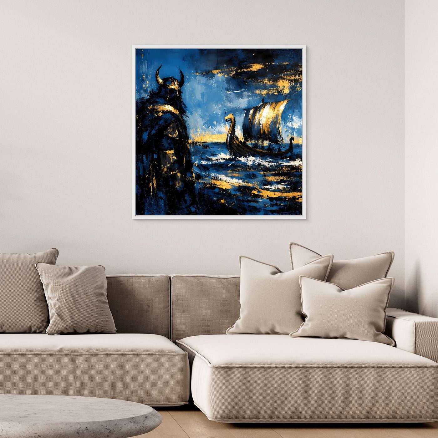 Leinwand Mythischer Wikinger und Langschiff | Abstraktes Nordisches Wandbild