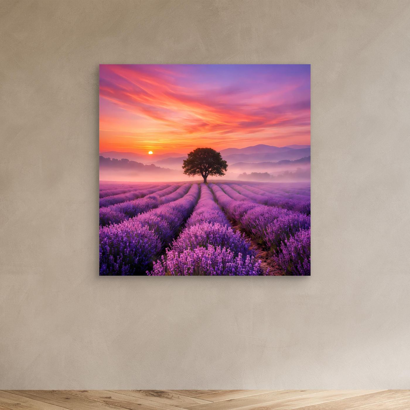 Leinwandbild Lavendelfeld mit Sonnenaufgang und Baum, ohne Rahmen (kleine Ansicht)
