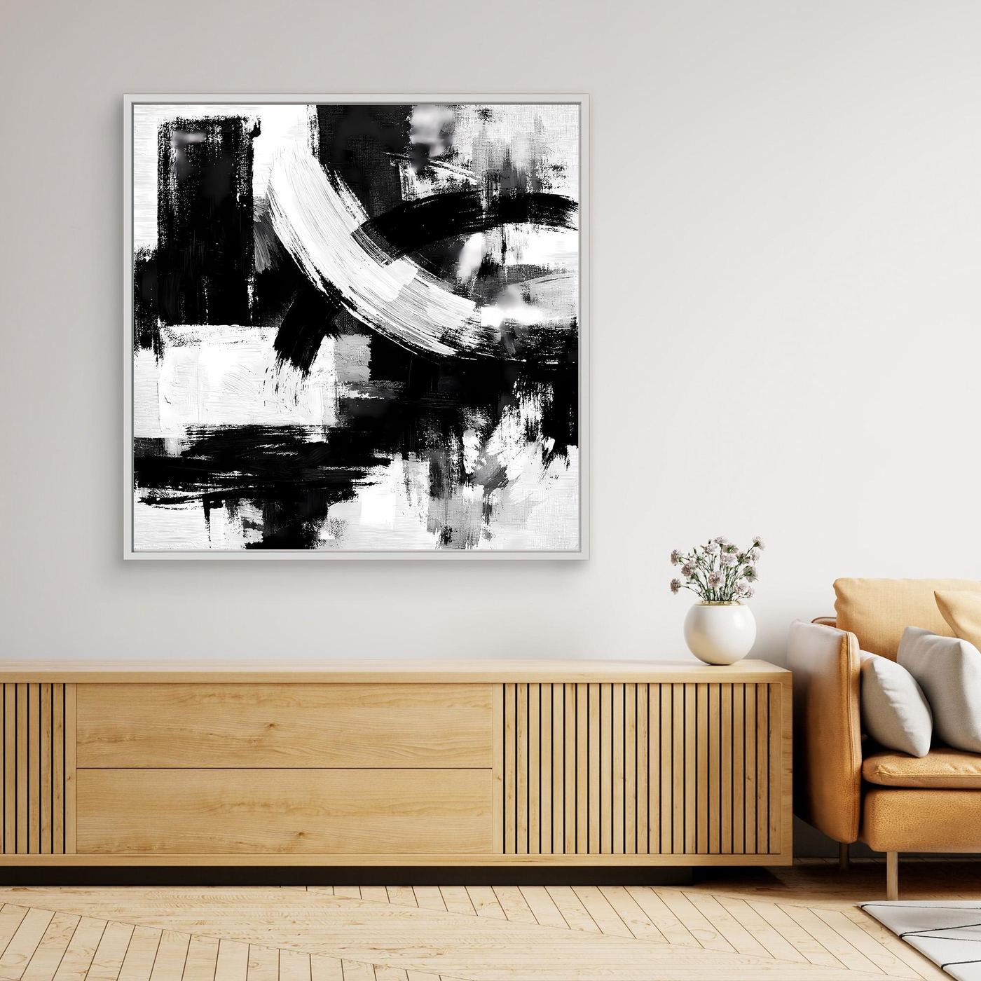 Light-framed abstract canvas wall art with black-and-white brush strokes