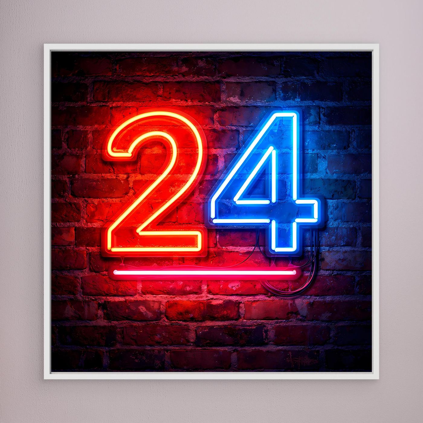 Leinwandbild mit Neon-Zahl „24“ auf Backstein, heller Rahmen