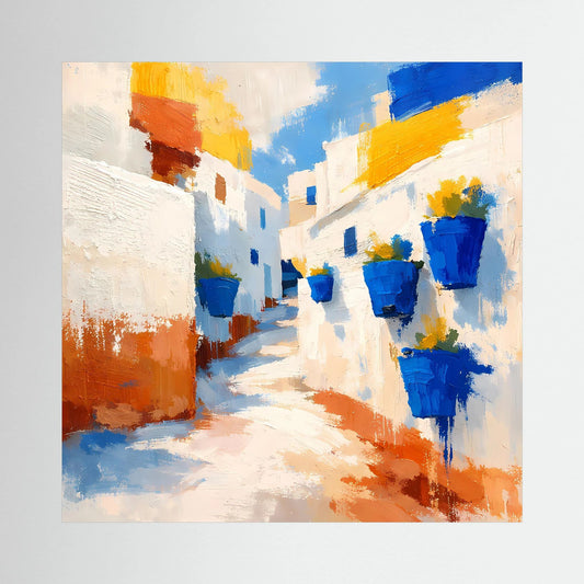 Abstraktes Leinwand-Wandbild mit mediterraner Gasse und blauen Blumentöpfen