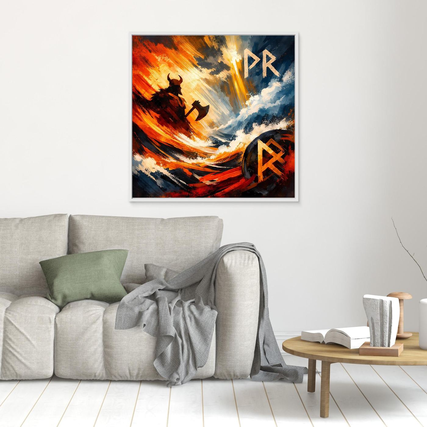 Wandbild mit Wikingerboot im Sturm, orange-rot/blaues Motiv und Runen