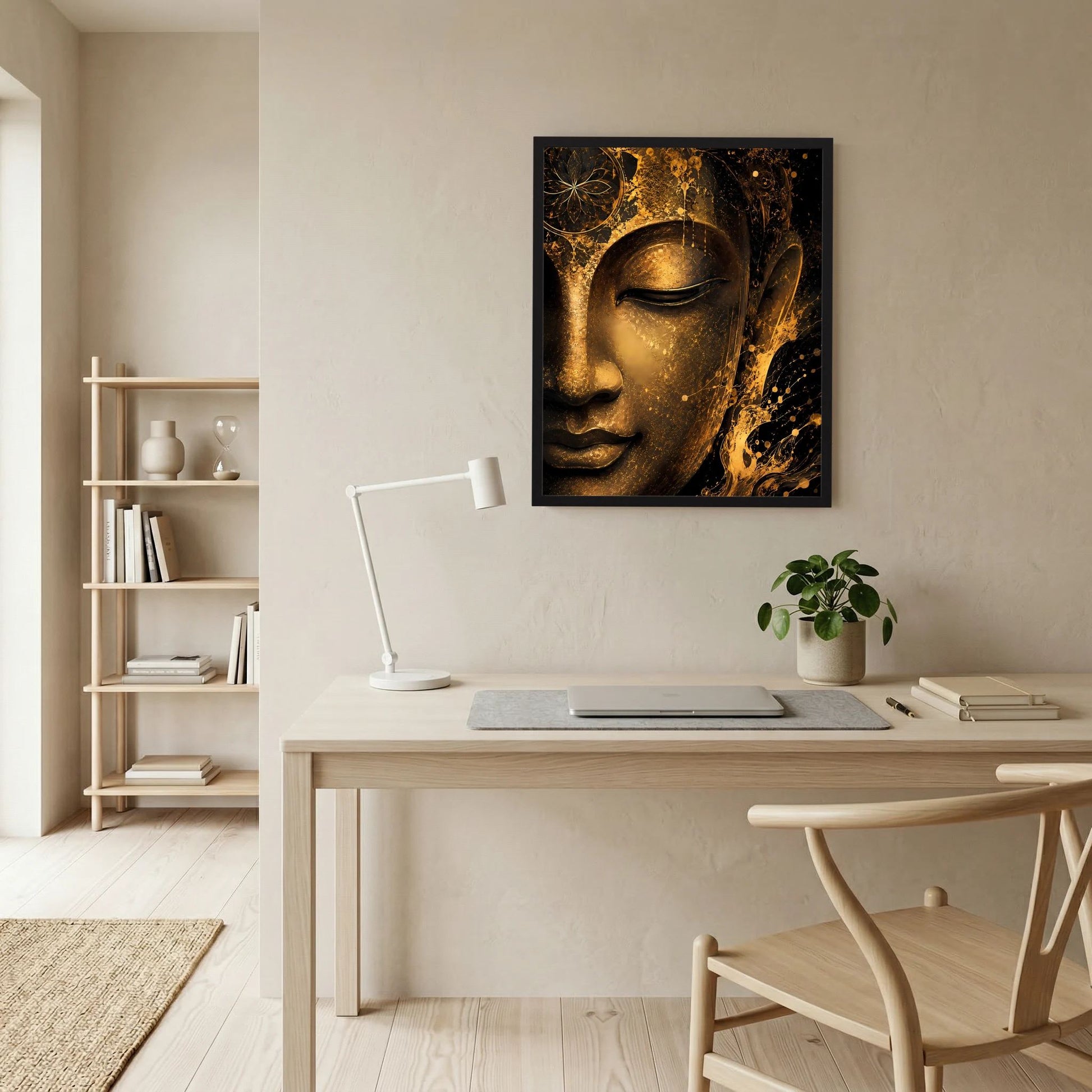 Abstraktes Buddha-Gesicht Poster im schwarzen Rahmen, goldene Ornamente vor dunklem Grund